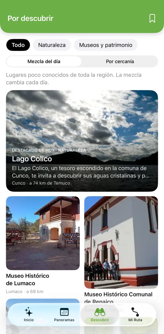 Pantalla Por descubrir con la mezcla del día y filtros