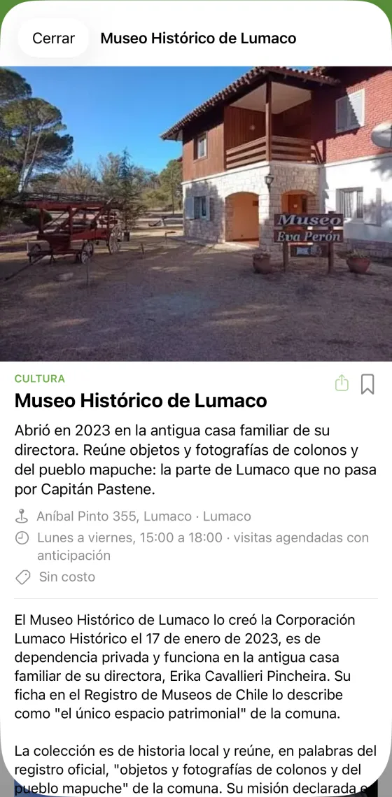 Ficha del Museo Histórico de Lumaco con su reseña y horarios