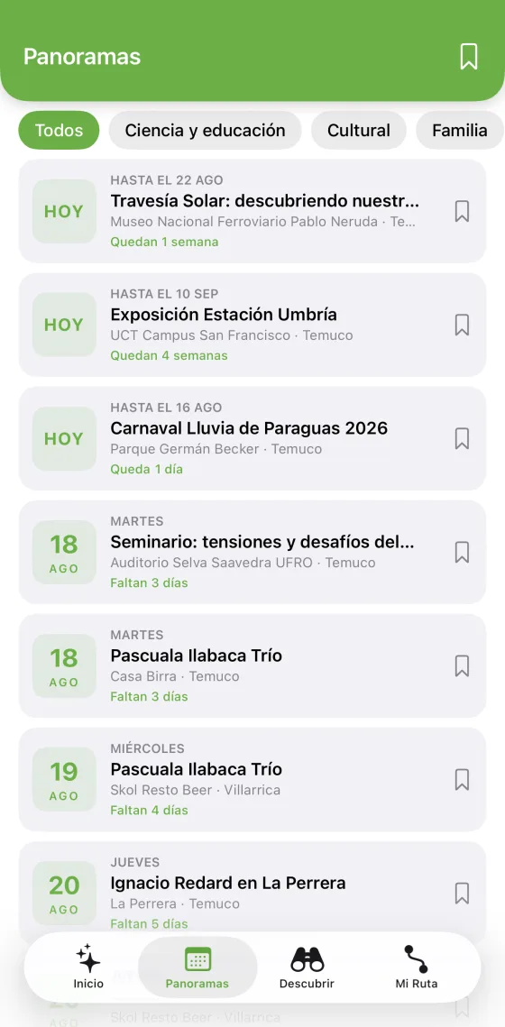 Agenda de panoramas en la app, ordenada por fecha